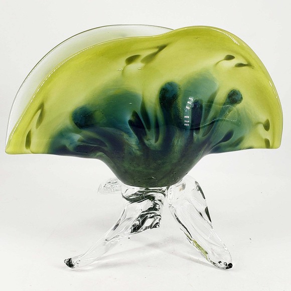 Hand Blown studio art glass clear footed Clam Shell shape unique vase